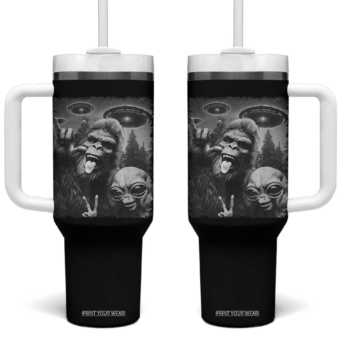Bigfoot Selfie With Alien Tumbler With Handle UFO Funny Sasquatch Rock On Hand Sign TS10 One Size: 40 oz Black Print Your Wear