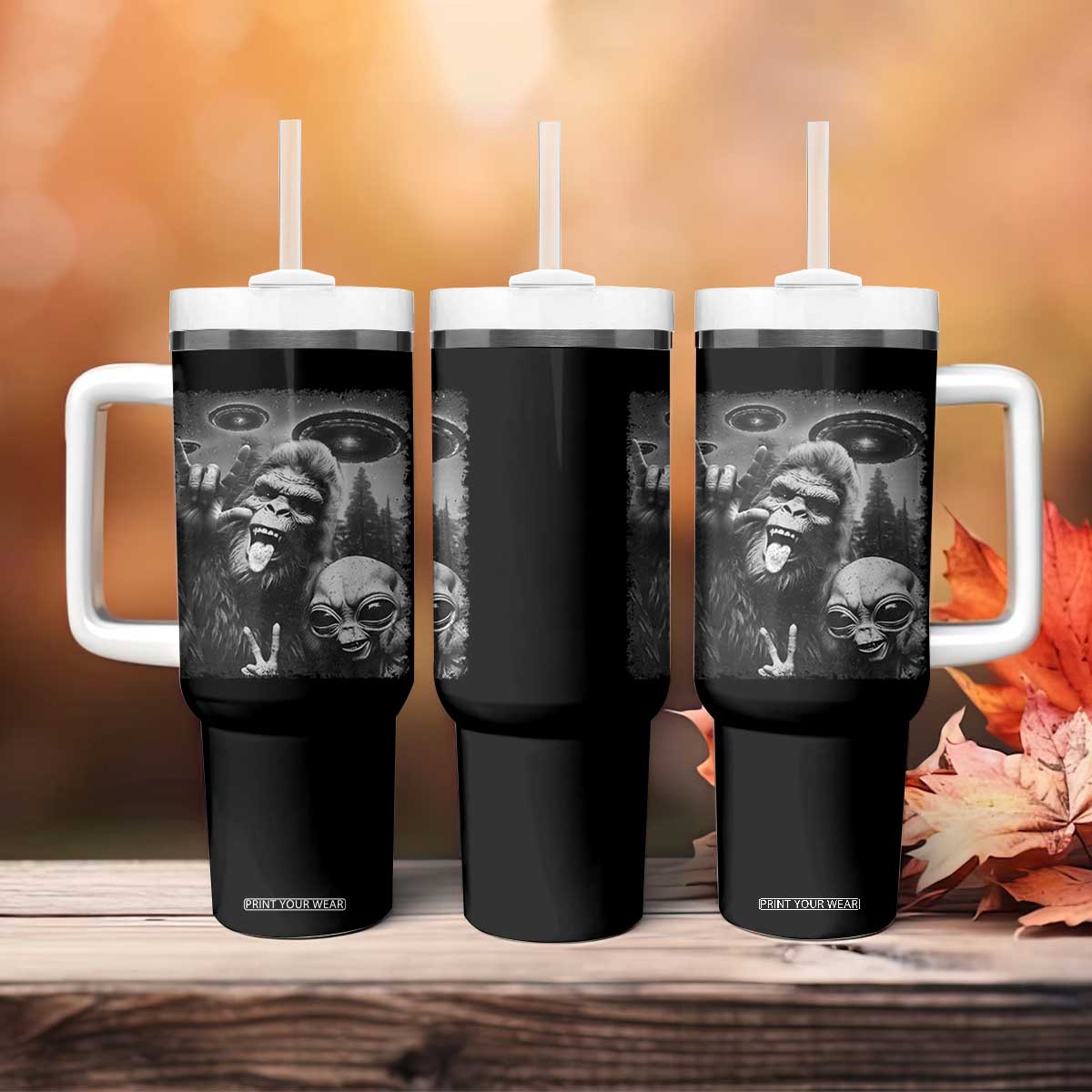 Bigfoot Selfie With Alien Tumbler With Handle UFO Funny Sasquatch Rock On Hand Sign TS10 Print Your Wear