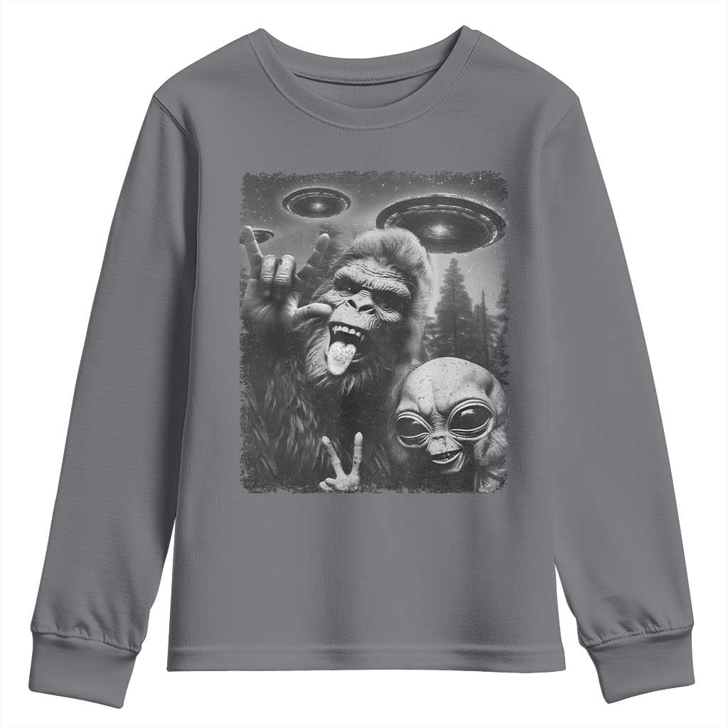 Bigfoot Selfie With Alien Youth Sweatshirt UFO Funny Sasquatch Rock On Hand Sign TS10 Charcoal Print Your Wear