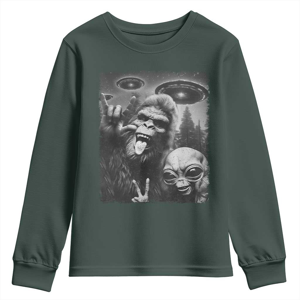 Bigfoot Selfie With Alien Youth Sweatshirt UFO Funny Sasquatch Rock On Hand Sign TS10 Dark Forest Green Print Your Wear