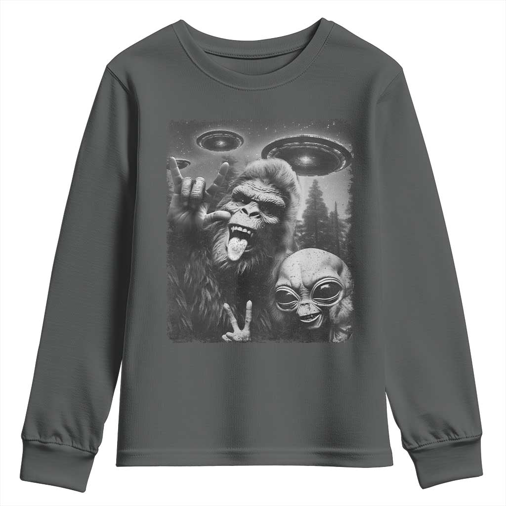 Bigfoot Selfie With Alien Youth Sweatshirt UFO Funny Sasquatch Rock On Hand Sign TS10 Dark Heather Print Your Wear