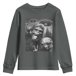 Bigfoot Selfie With Alien Youth Sweatshirt UFO Funny Sasquatch Rock On Hand Sign TS10 Dark Heather Print Your Wear