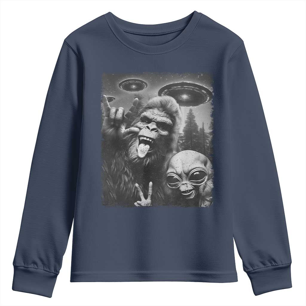 Bigfoot Selfie With Alien Youth Sweatshirt UFO Funny Sasquatch Rock On Hand Sign TS10 Navy Print Your Wear
