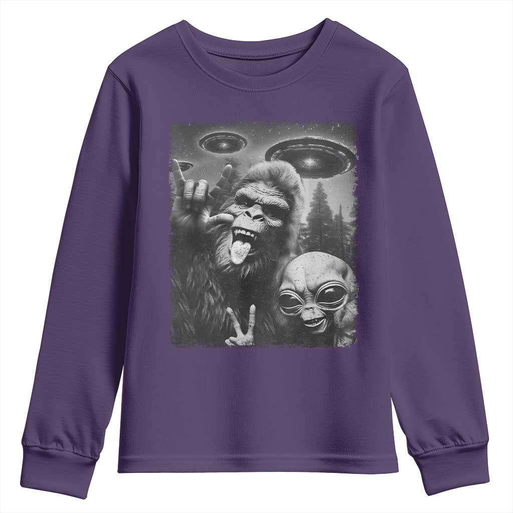Bigfoot Selfie With Alien Youth Sweatshirt UFO Funny Sasquatch Rock On Hand Sign TS10 Purple Print Your Wear