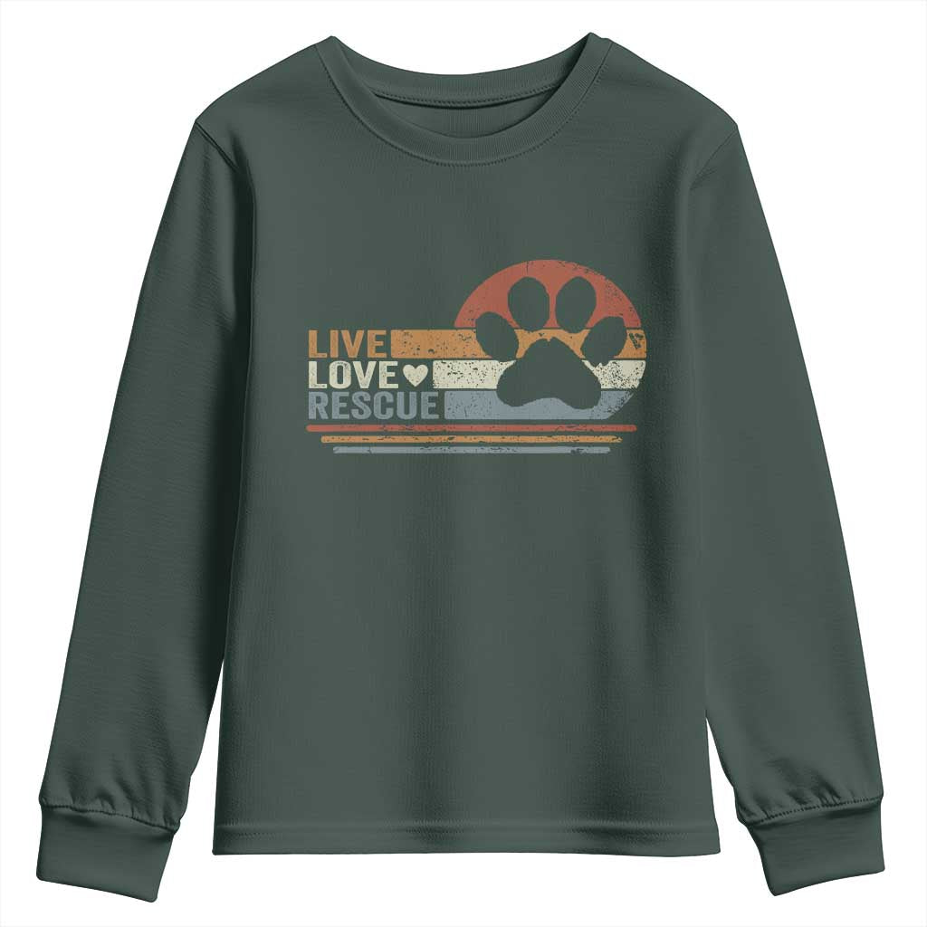Vintage Adopt A Shelter Pet Youth Sweatshirt Live Love Rescue Cat Dog Adoption Animal Rescue TS10 Dark Forest Green Print Your Wear