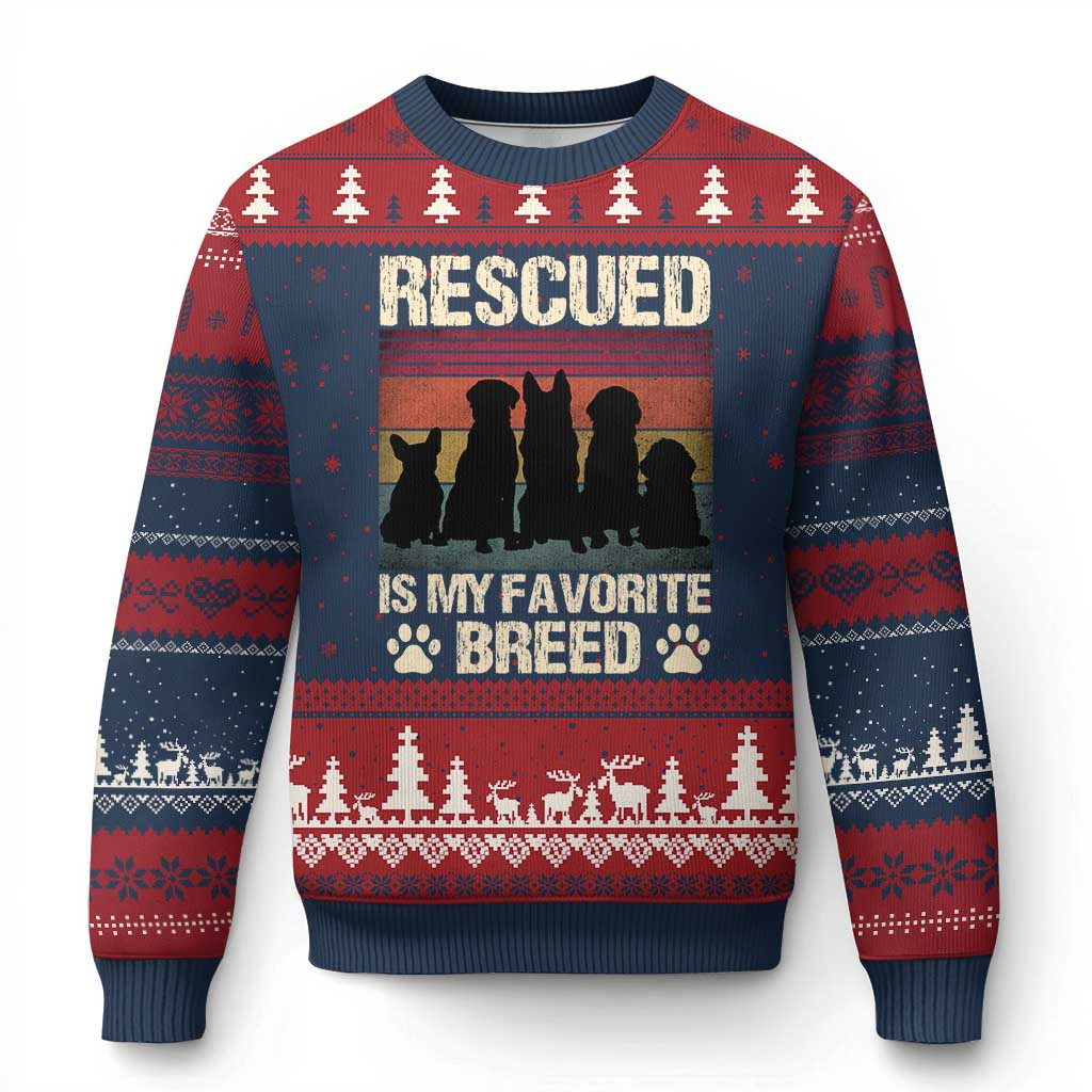 Rescued Is My Favorite Breed Ugly Christmas Sweater Adopt A Shelter Pet Cat Dog Adoption Animal Rescue TS10 Navy Red Print Your Wear