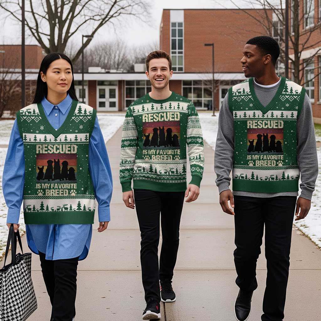 Rescued Is My Favorite Breed V-Neck Knit Sweater Vest Adopt A Shelter Pet Cat Dog Adoption Animal Rescue TS10 Forest Green Beige Print Your Wear