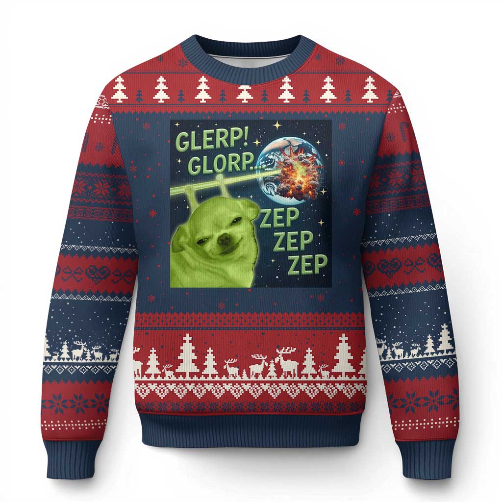 Funny Alien Dog Meme Ugly Christmas Sweater Glorp Zep Sci-Fi Humor Chihuahua TS10 Navy Red Print Your Wear