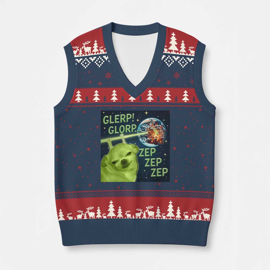 Funny Alien Dog Meme V-Neck Knit Sweater Vest Glorp Zep Sci-Fi Humor Chihuahua TS10 Navy Red Print Your Wear
