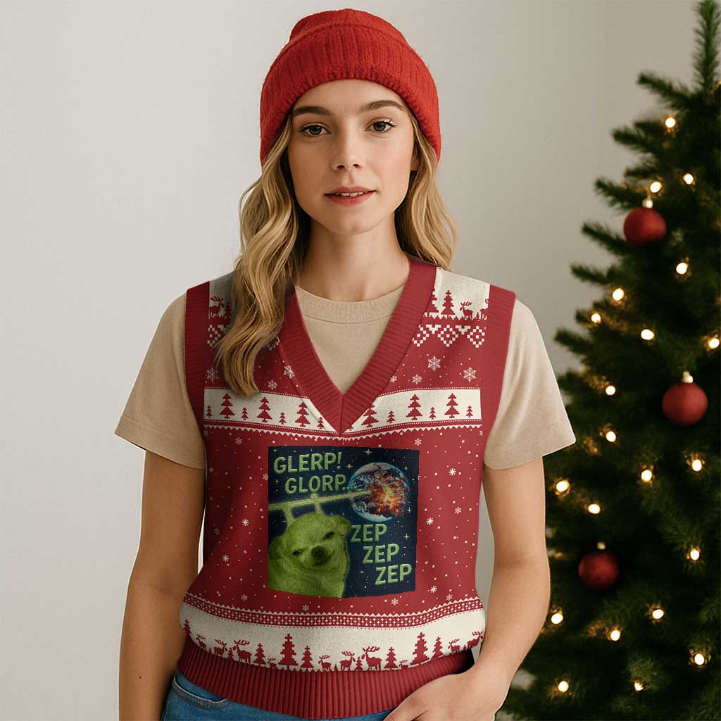 Funny Alien Dog Meme V-Neck Knit Sweater Vest Glorp Zep Sci-Fi Humor Chihuahua TS10 Red Beige Print Your Wear