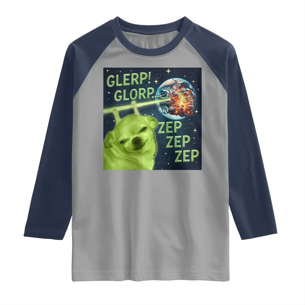 Funny Alien Dog Meme Raglan Shirt Glorp Zep Sci-Fi Humor Chihuahua TS10 Sport Gray Navy Print Your Wear