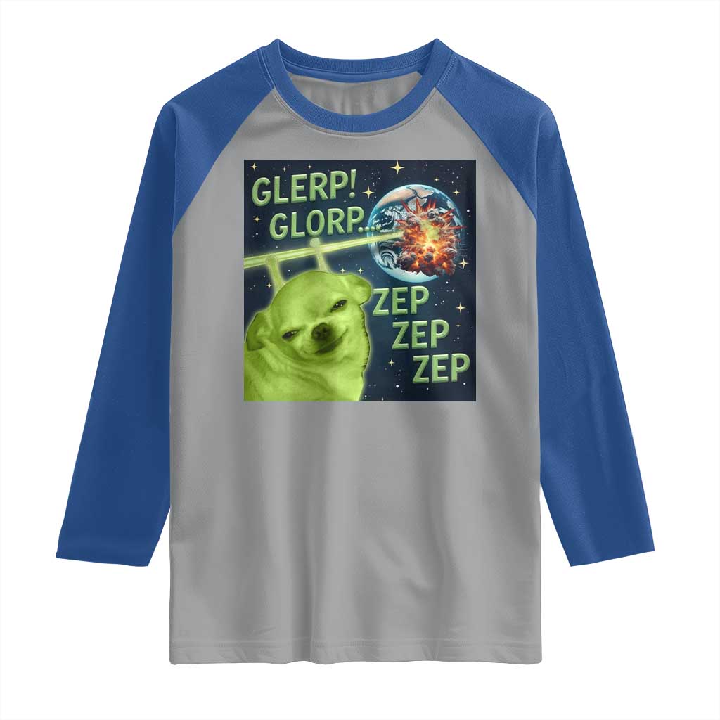 Funny Alien Dog Meme Raglan Shirt Glorp Zep Sci-Fi Humor Chihuahua TS10 Sport Gray Royal Print Your Wear