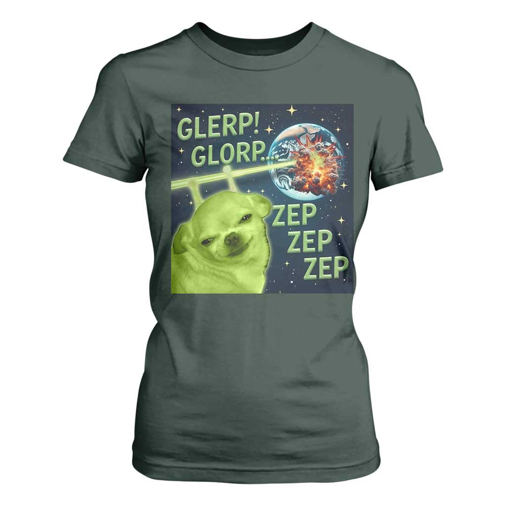 Funny Alien Dog Meme T Shirt For Women Glorp Zep Sci-Fi Humor Chihuahua TS10 Dark Forest Green Print Your Wear
