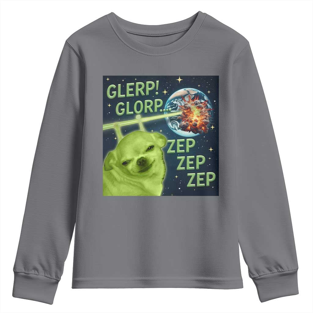 Funny Alien Dog Meme Youth Sweatshirt Glorp Zep Sci-Fi Humor Chihuahua TS10 Charcoal Print Your Wear