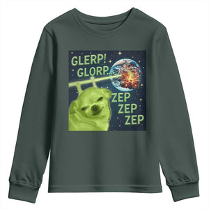 Funny Alien Dog Meme Youth Sweatshirt Glorp Zep Sci-Fi Humor Chihuahua TS10 Dark Forest Green Print Your Wear