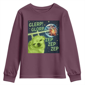 Funny Alien Dog Meme Youth Sweatshirt Glorp Zep Sci-Fi Humor Chihuahua TS10 Maroon Print Your Wear