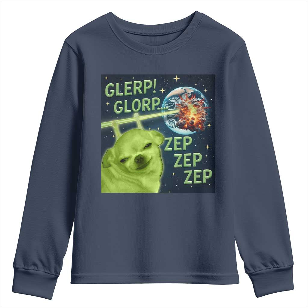 Funny Alien Dog Meme Youth Sweatshirt Glorp Zep Sci-Fi Humor Chihuahua TS10 Navy Print Your Wear