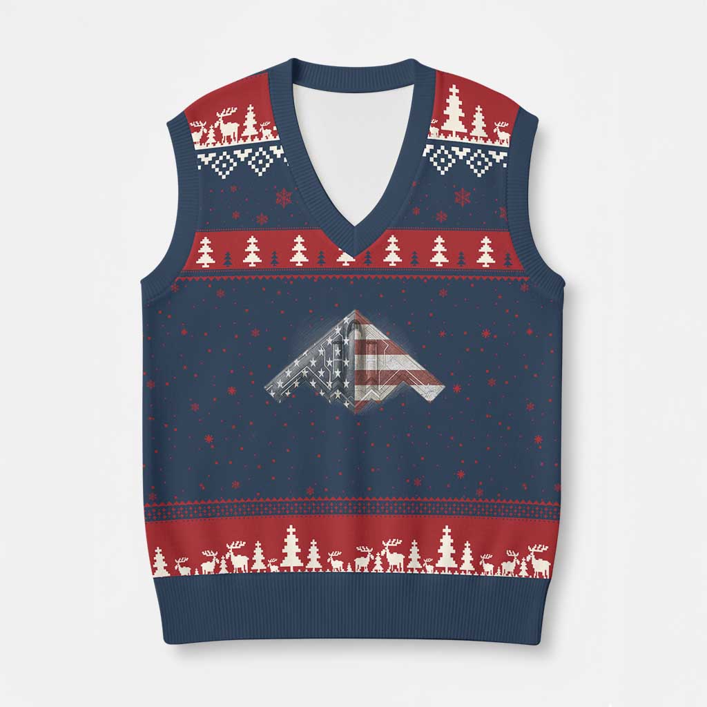 B2 Spirit V-Neck Knit Sweater Vest B-2 Bomber Stealth Aircraft Schematic American Flag TS10 Navy Red Print Your Wear
