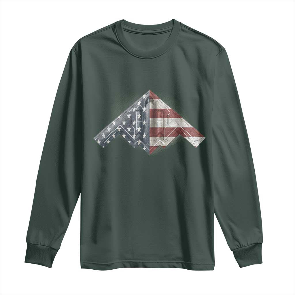 B2 Spirit Long Sleeve Shirt B-2 Bomber Stealth Aircraft Schematic American Flag TS10 Dark Forest Green Print Your Wear