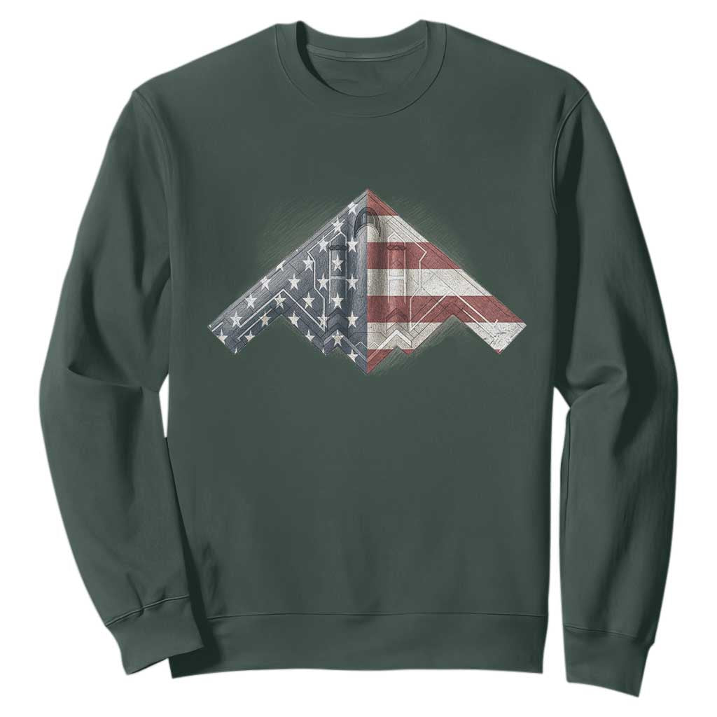 B2 Spirit Sweatshirt B-2 Bomber Stealth Aircraft Schematic American Flag TS10 Dark Forest Green Print Your Wear