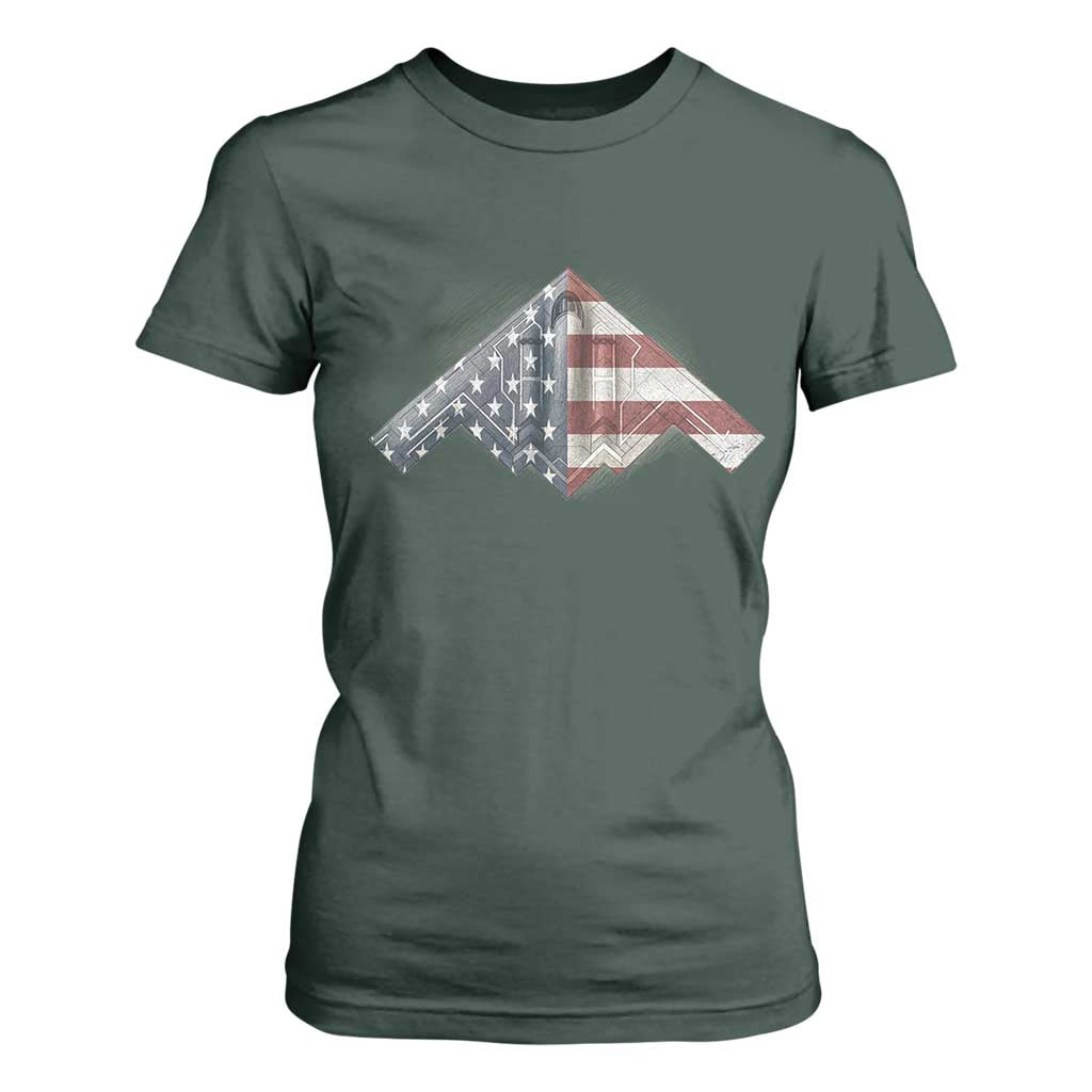 B2 Spirit T Shirt For Women B-2 Bomber Stealth Aircraft Schematic American Flag TS10 Dark Forest Green Print Your Wear