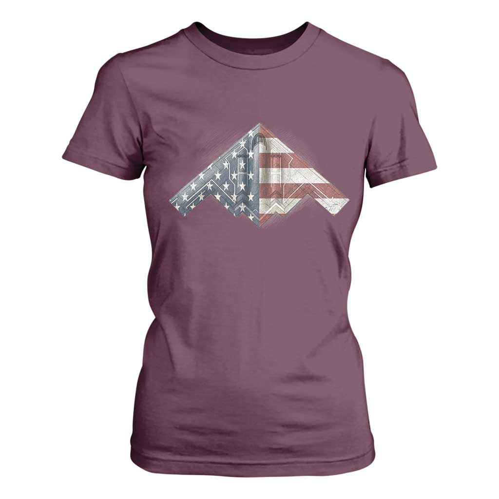B2 Spirit T Shirt For Women B-2 Bomber Stealth Aircraft Schematic American Flag TS10 Maroon Print Your Wear
