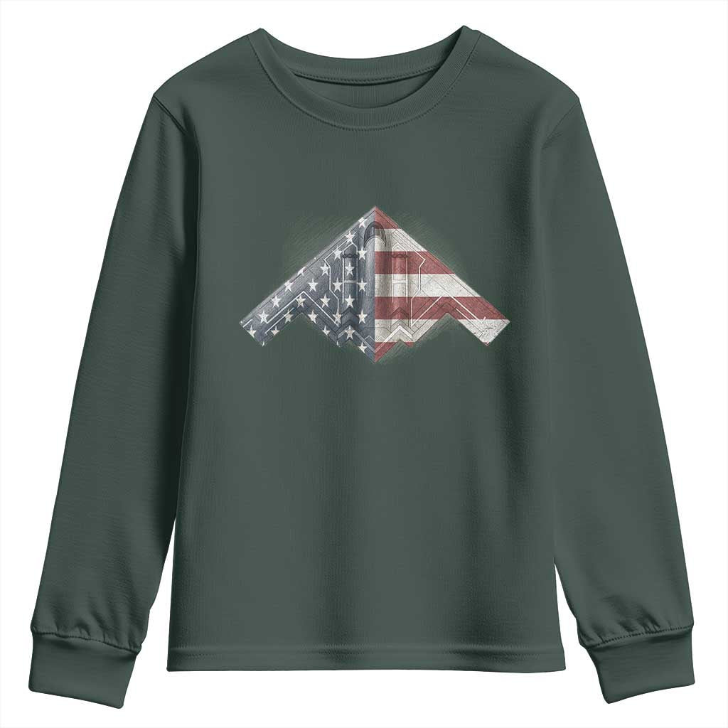 B2 Spirit Youth Sweatshirt B-2 Bomber Stealth Aircraft Schematic American Flag TS10 Dark Forest Green Print Your Wear