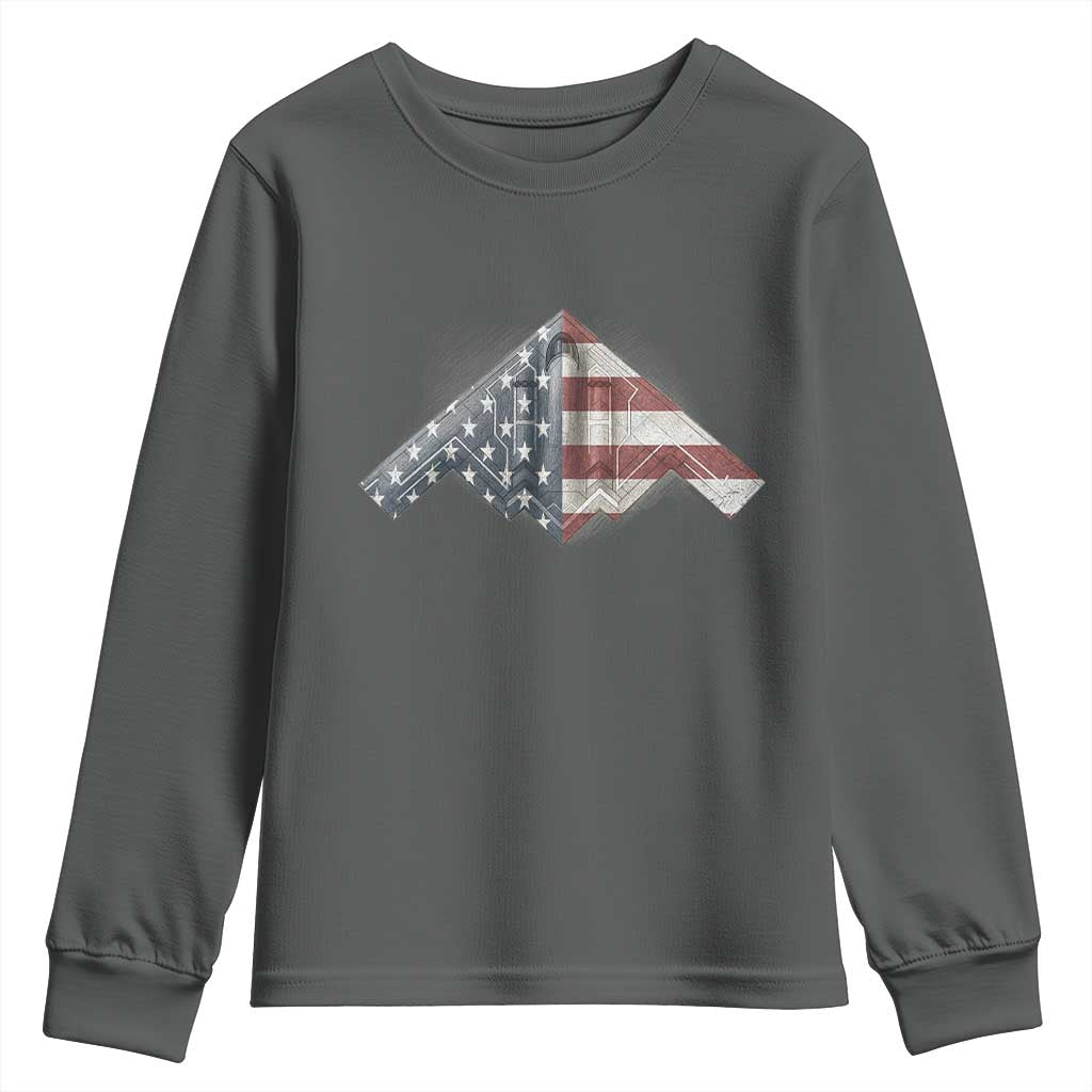 B2 Spirit Youth Sweatshirt B-2 Bomber Stealth Aircraft Schematic American Flag TS10 Dark Heather Print Your Wear