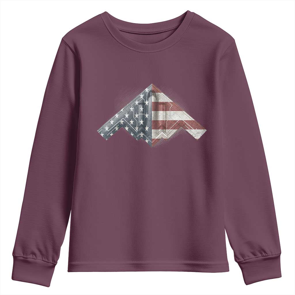 B2 Spirit Youth Sweatshirt B-2 Bomber Stealth Aircraft Schematic American Flag TS10 Maroon Print Your Wear