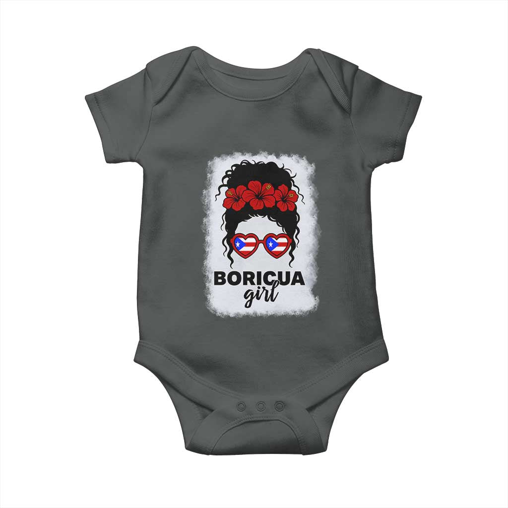 Boricua Girl Baby Onesie Messy Bun Puerto Rican Flag Hibiscus Flower TS10 Dark Heather Print Your Wear