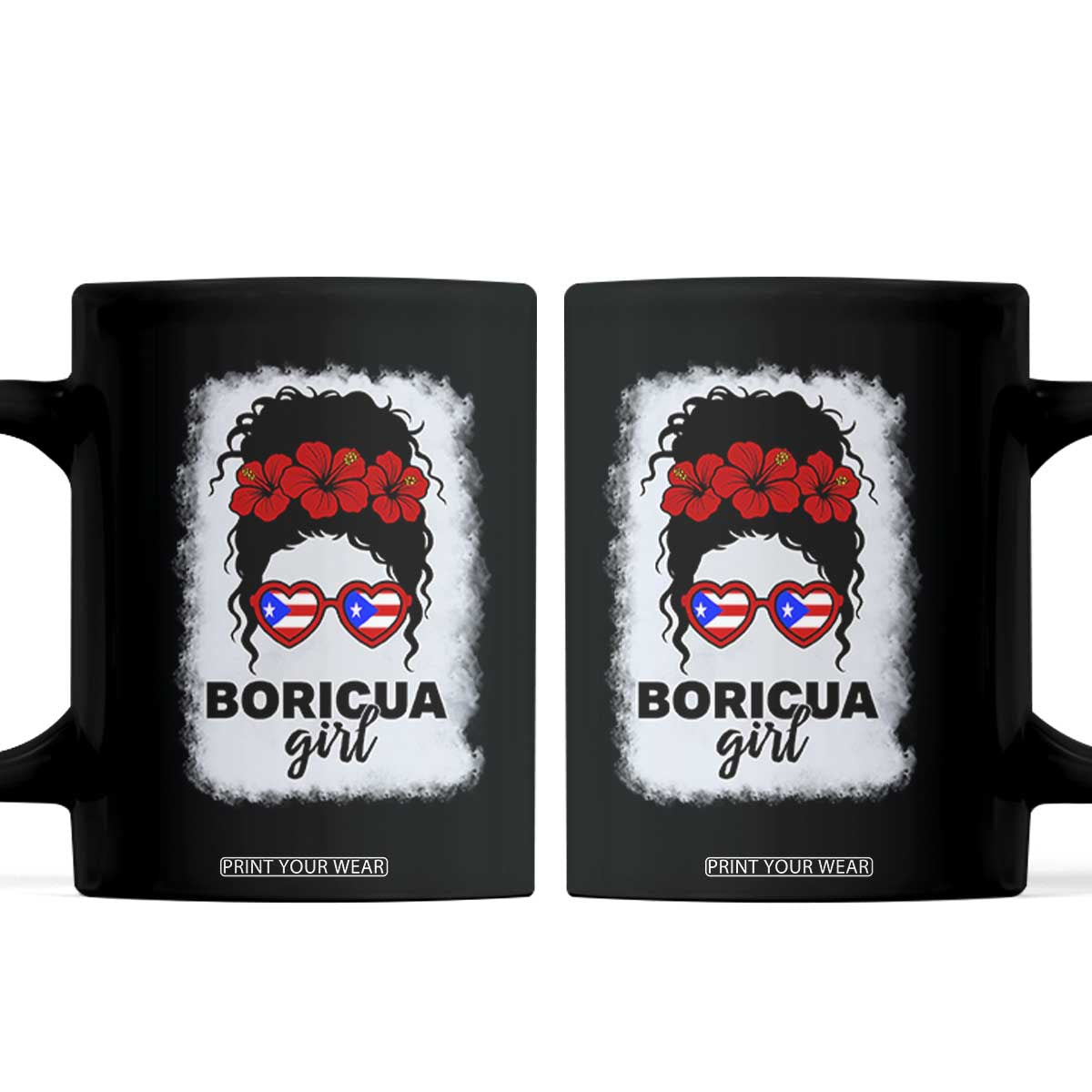 Boricua Girl Coffee Mug Messy Bun Puerto Rican Flag Hibiscus Flower TS10 Black Print Your Wear