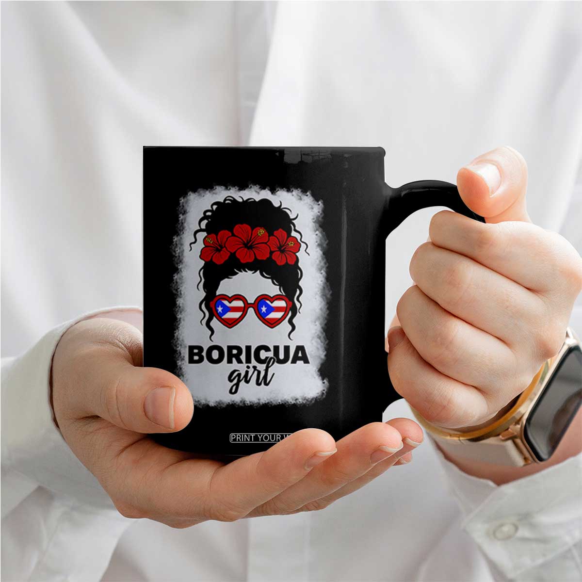 Boricua Girl Coffee Mug Messy Bun Puerto Rican Flag Hibiscus Flower TS10 Print Your Wear