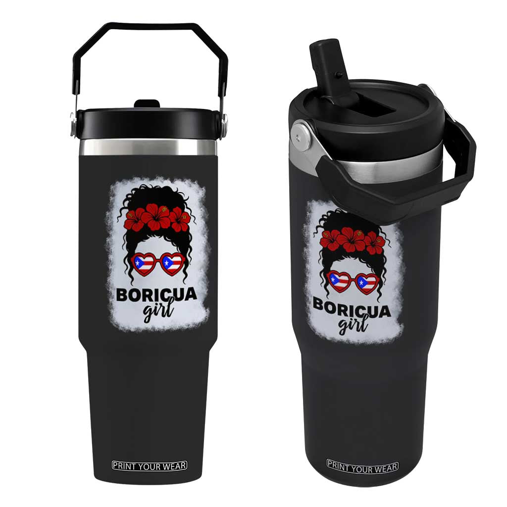 Boricua Girl Flip Straw Tumbler Messy Bun Puerto Rican Flag Hibiscus Flower TS10 One Size: 30 oz Black Print Your Wear