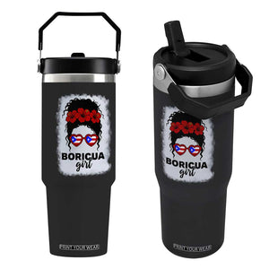 Boricua Girl Flip Straw Tumbler Messy Bun Puerto Rican Flag Hibiscus Flower TS10 One Size: 30 oz Black Print Your Wear