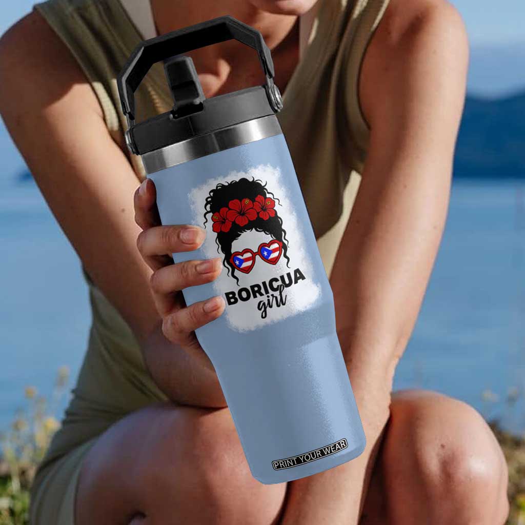Boricua Girl Flip Straw Tumbler Messy Bun Puerto Rican Flag Hibiscus Flower TS10 One Size: 30 oz Light Blue Print Your Wear