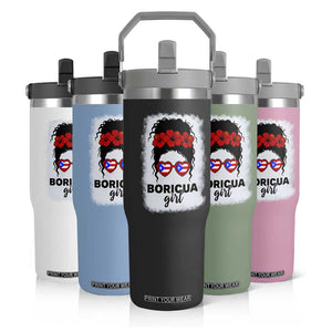 Boricua Girl Flip Straw Tumbler Messy Bun Puerto Rican Flag Hibiscus Flower TS10 Print Your Wear