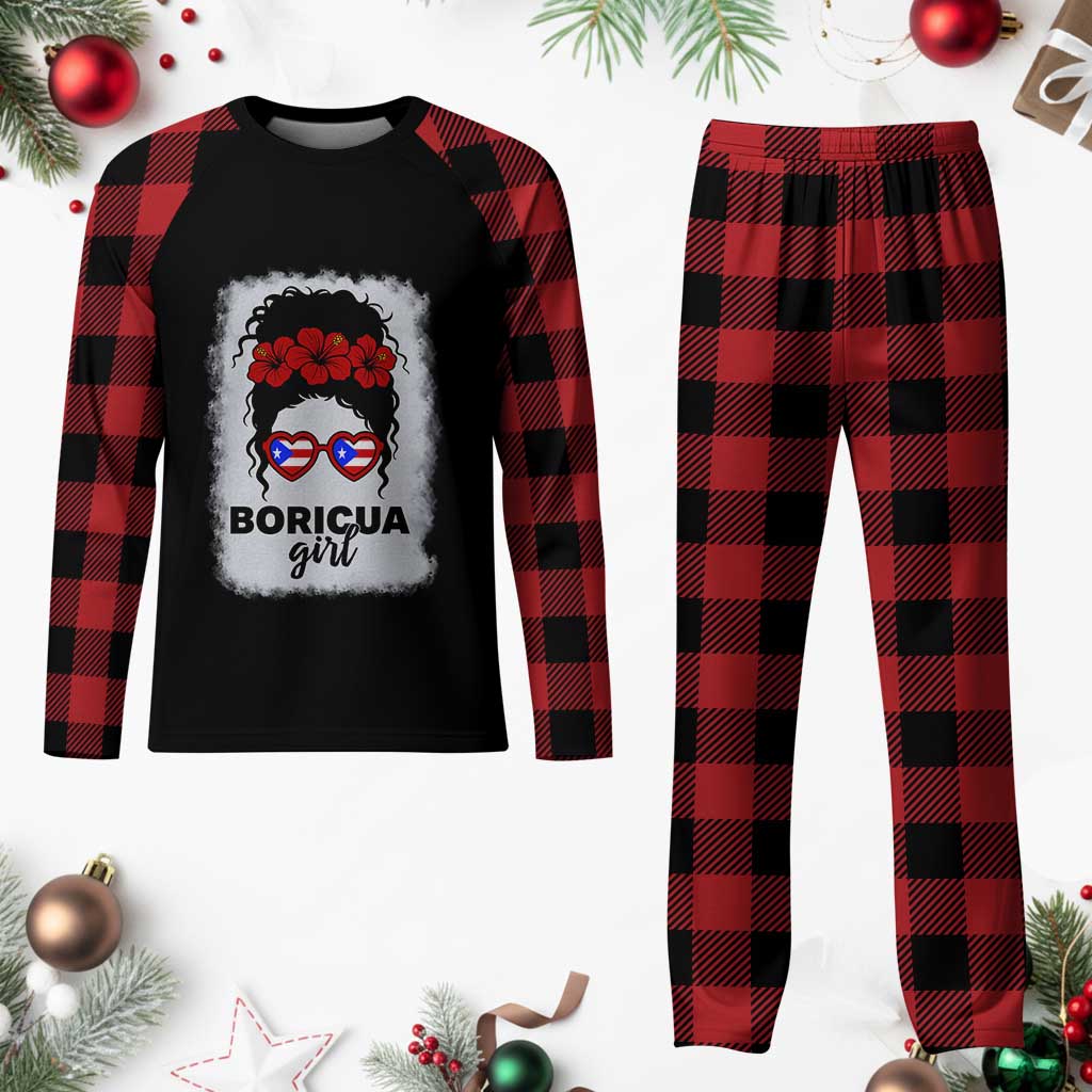 Boricua Girl Plaid Pajama Set Messy Bun Puerto Rican Flag Hibiscus Flower TS10 Buffalo Plaid Print Your Wear
