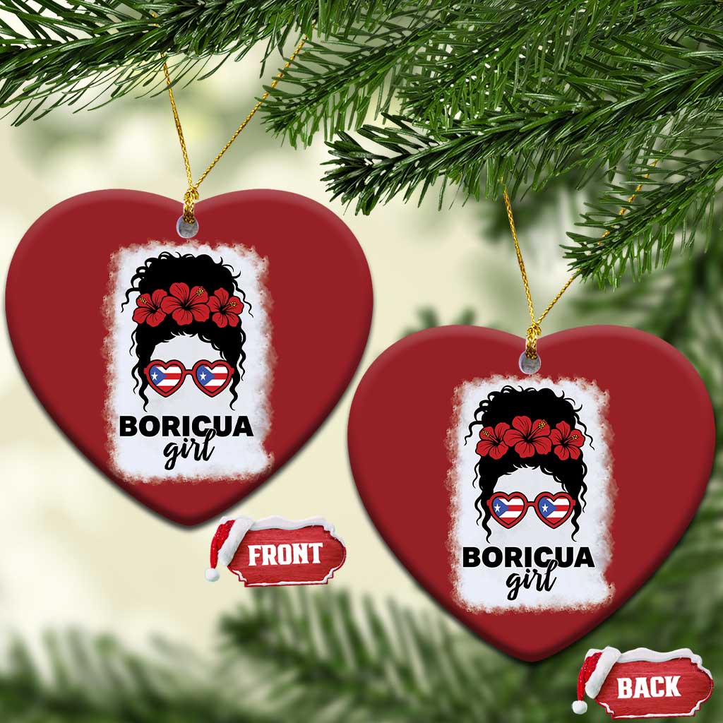 Boricua Girl Christmas Ornament Messy Bun Puerto Rican Flag Hibiscus Flower TS10 Heart Red Print Your Wear