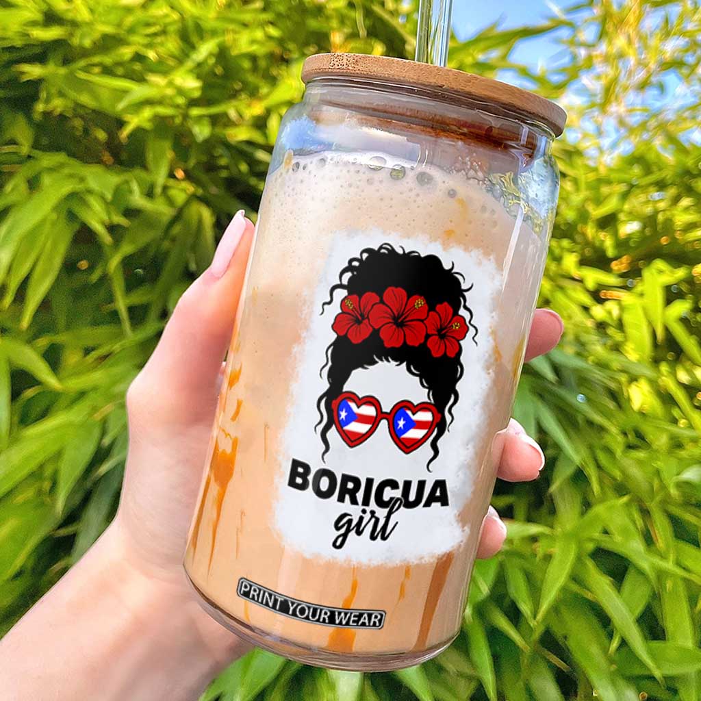 Boricua Girl Glass Can Messy Bun Puerto Rican Flag Hibiscus Flower TS10 Black Print Your Wear