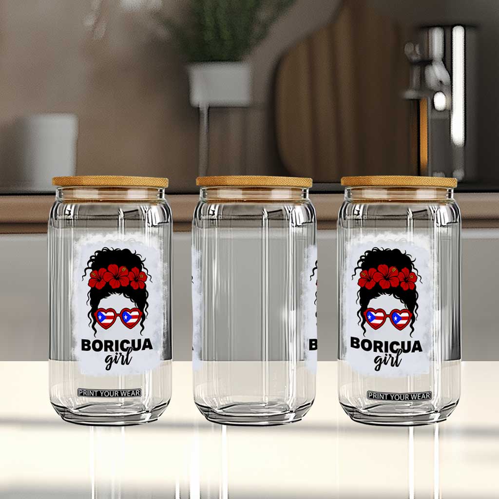 Boricua Girl Glass Can Messy Bun Puerto Rican Flag Hibiscus Flower TS10 Print Your Wear