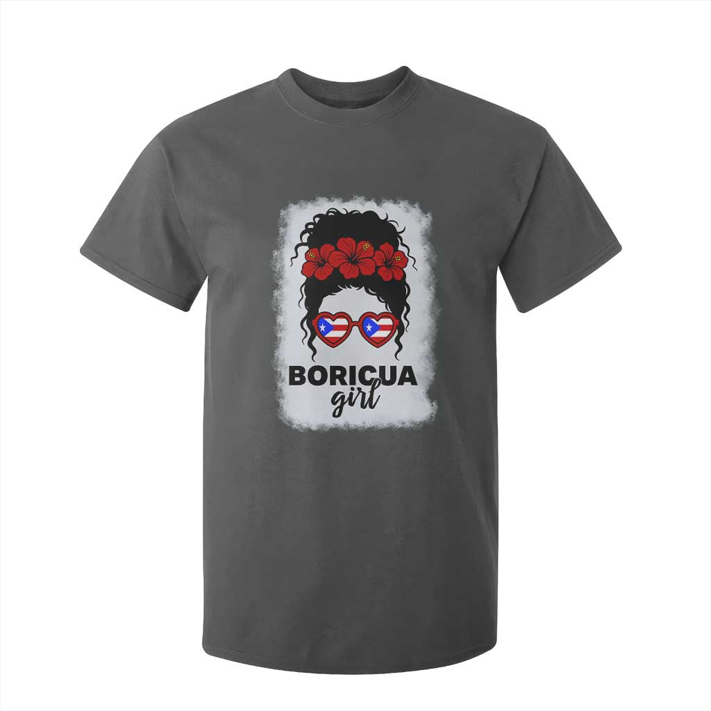 Boricua Girl T Shirt For Kid Messy Bun Puerto Rican Flag Hibiscus Flower TS10 Dark Heather Print Your Wear