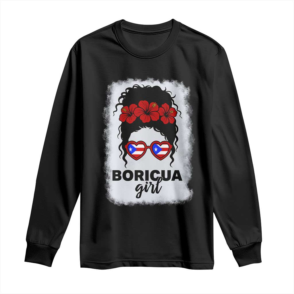 Boricua Girl Long Sleeve Shirt Messy Bun Puerto Rican Flag Hibiscus Flower TS10 Black Print Your Wear