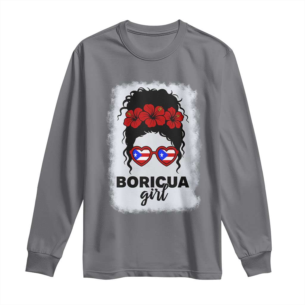 Boricua Girl Long Sleeve Shirt Messy Bun Puerto Rican Flag Hibiscus Flower TS10 Charcoal Print Your Wear