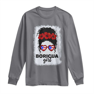 Boricua Girl Long Sleeve Shirt Messy Bun Puerto Rican Flag Hibiscus Flower TS10 Charcoal Print Your Wear