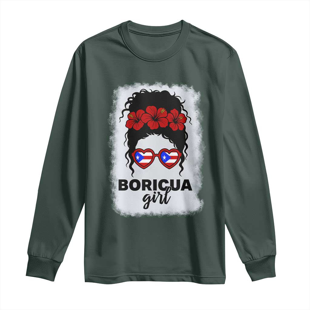 Boricua Girl Long Sleeve Shirt Messy Bun Puerto Rican Flag Hibiscus Flower TS10 Dark Forest Green Print Your Wear