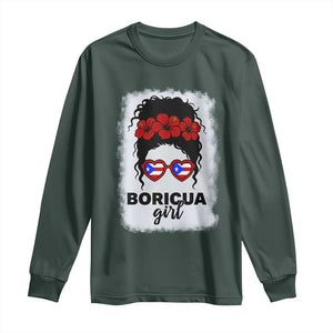 Boricua Girl Long Sleeve Shirt Messy Bun Puerto Rican Flag Hibiscus Flower TS10 Dark Forest Green Print Your Wear