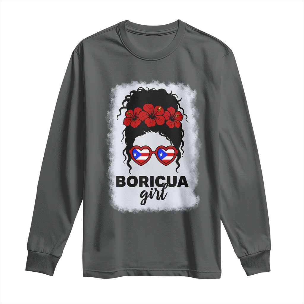Boricua Girl Long Sleeve Shirt Messy Bun Puerto Rican Flag Hibiscus Flower TS10 Dark Heather Print Your Wear