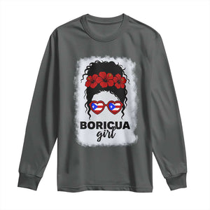 Boricua Girl Long Sleeve Shirt Messy Bun Puerto Rican Flag Hibiscus Flower TS10 Dark Heather Print Your Wear