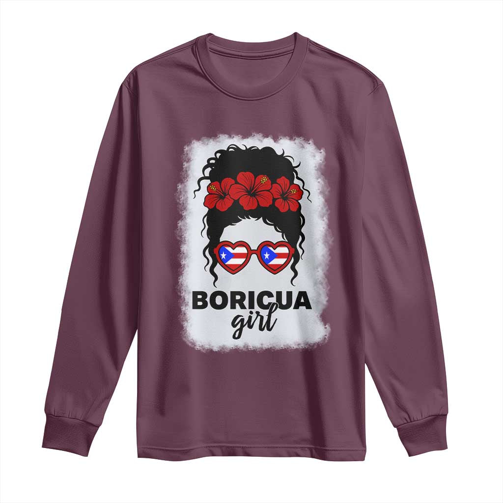 Boricua Girl Long Sleeve Shirt Messy Bun Puerto Rican Flag Hibiscus Flower TS10 Maroon Print Your Wear