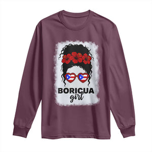 Boricua Girl Long Sleeve Shirt Messy Bun Puerto Rican Flag Hibiscus Flower TS10 Maroon Print Your Wear